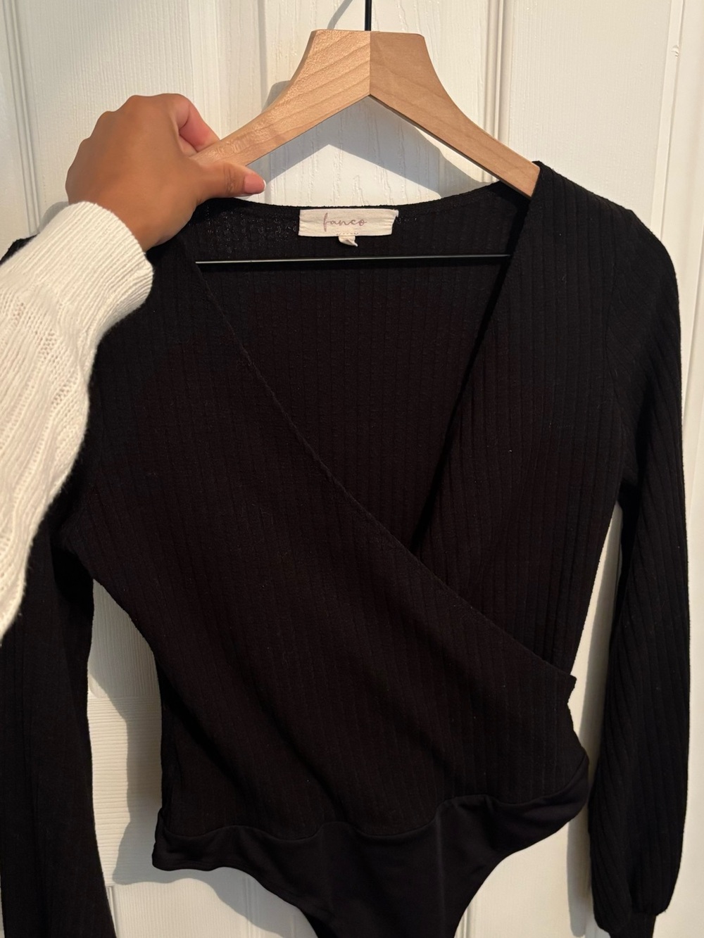 Franco Sarto Black Ribbed Wrap Long Sleeve Bodysuit
